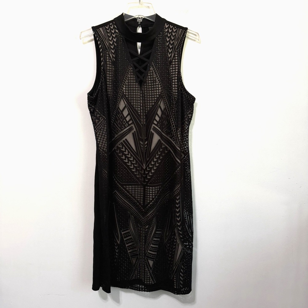 Nicole Miller Dress L Black Lace Overlay Sleeveless Mock Cage Neck Party Date